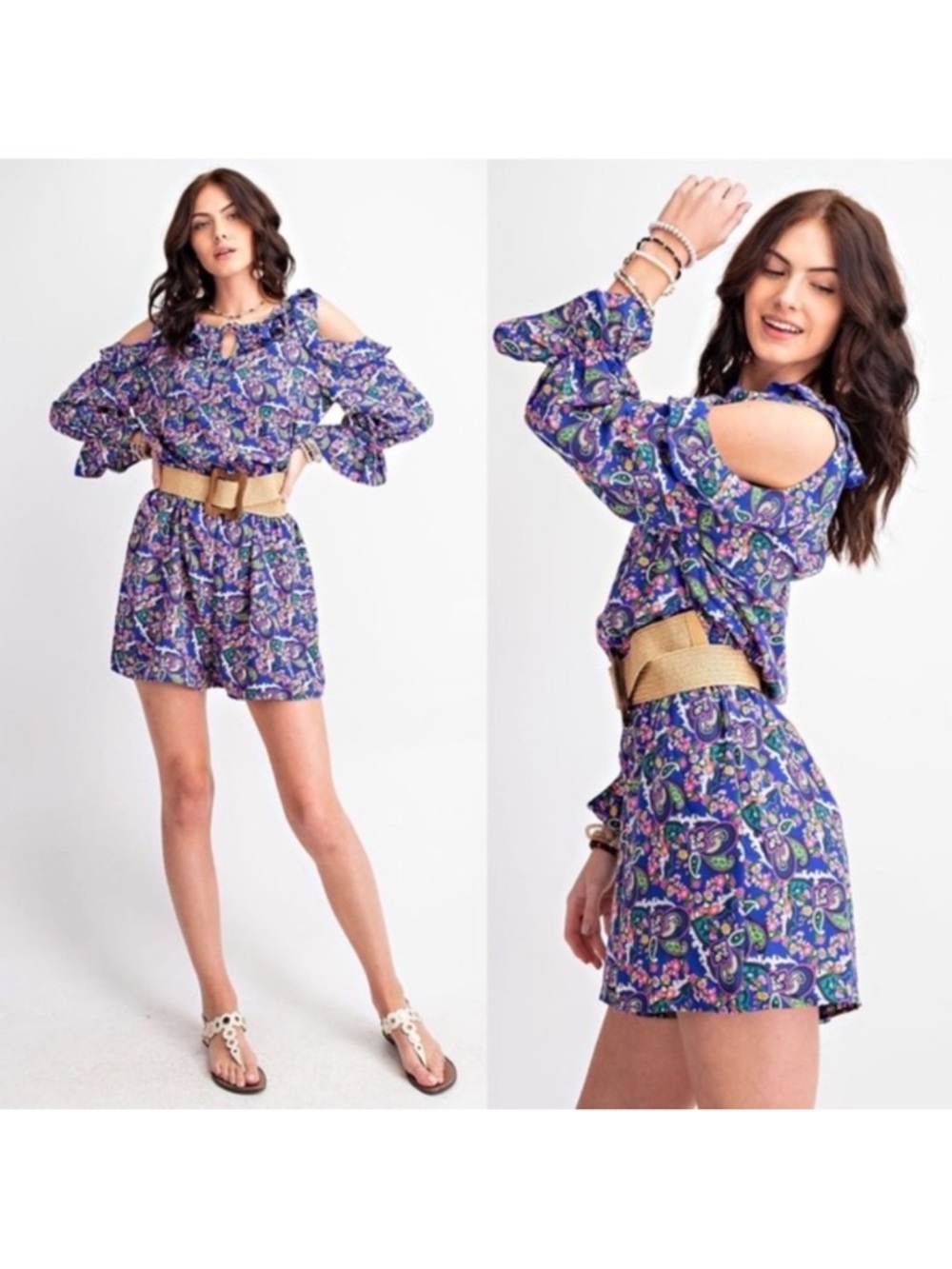 easel | Romper in the Heather Floral Print Cold Shoulder Navy Ruffle New Small